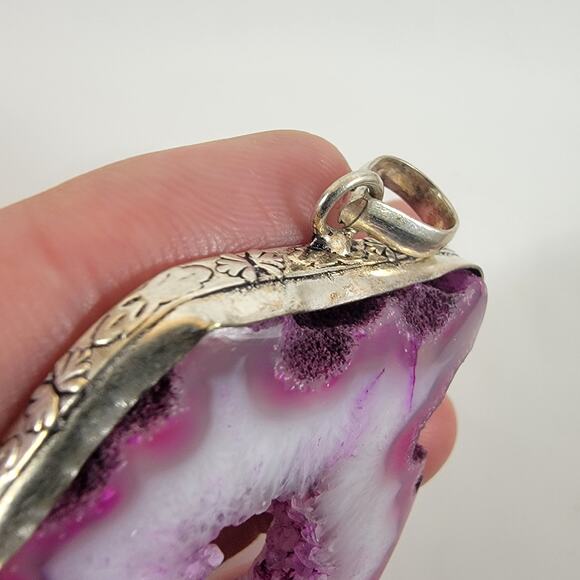 Handmade Silver Pendant – Pink Druzy Agate Slice + 20" Silver Snake Chain - Picture 9 of 10